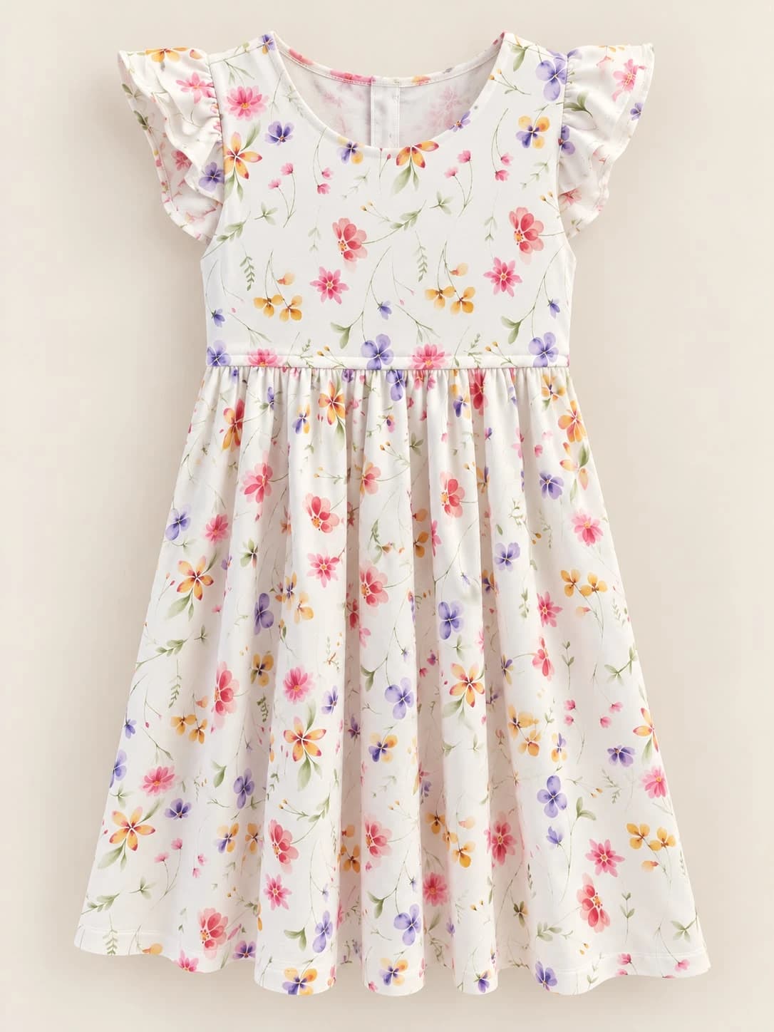 Vestido de Malha — Estampa Exclusiva Floral — Vestido de malha com estampa floral colorida e babados nas mangas