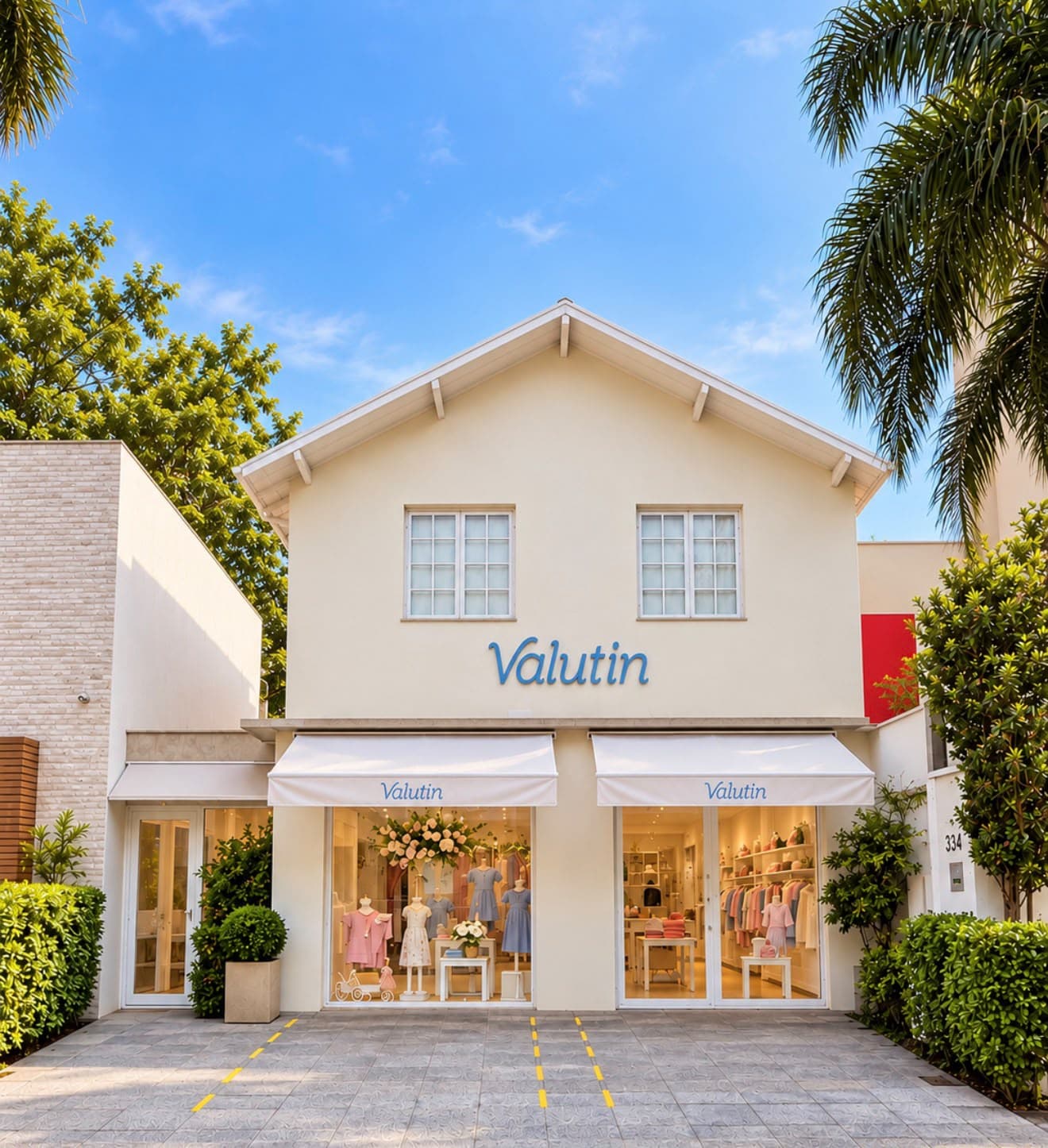 Fachada da loja Valutin, com vitrines e toldos claros