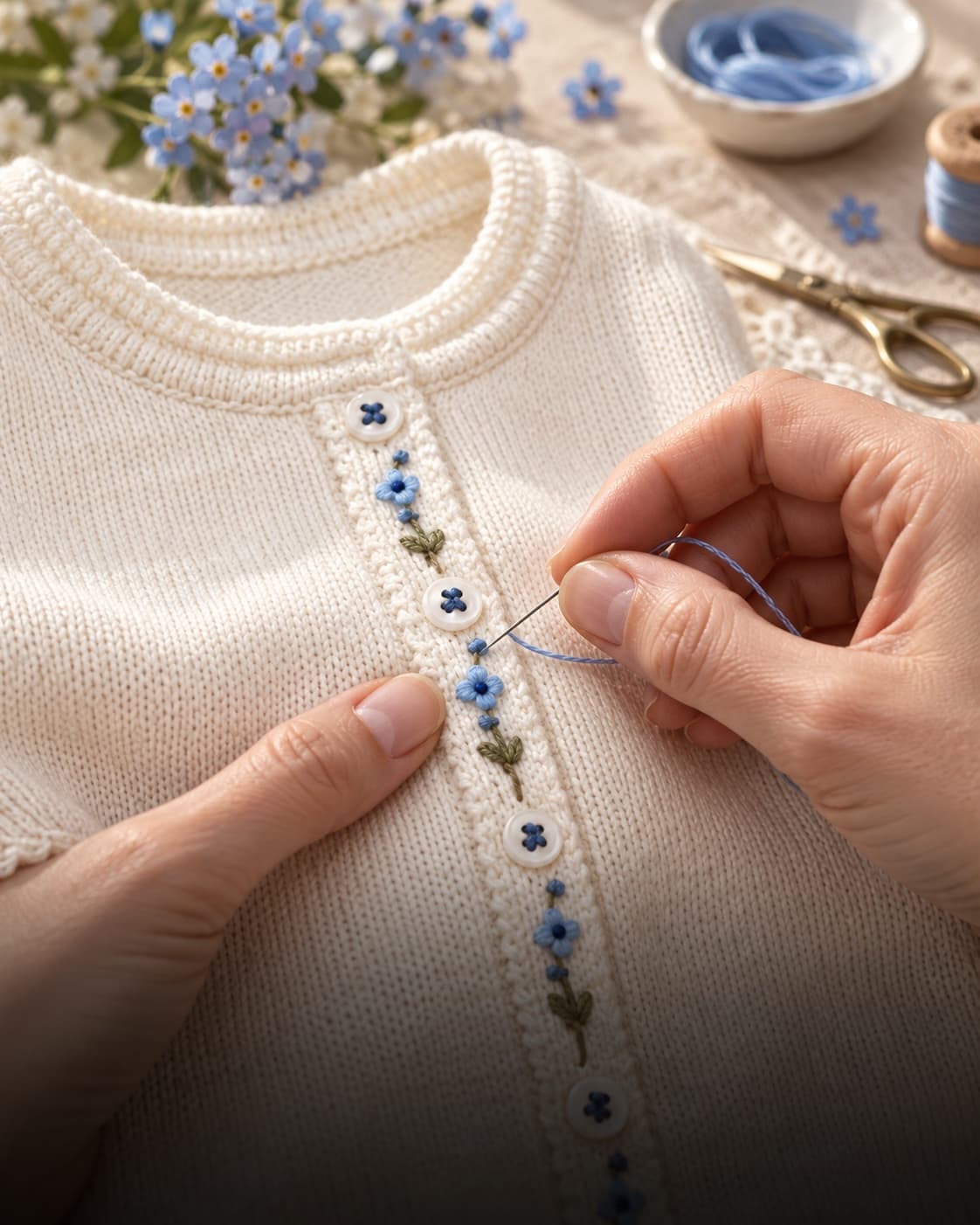 Detalhe editorial de bordado floral em cardigan infantil