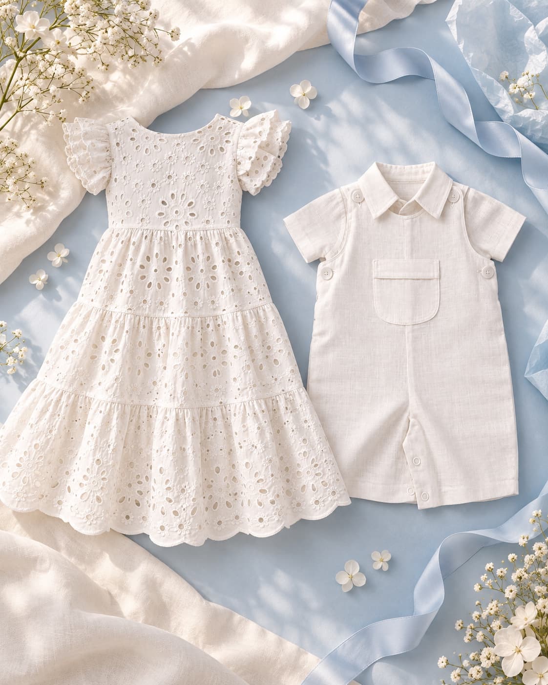 Vestido branco de laise e macaquinho branco da coleção Primavera–Verão