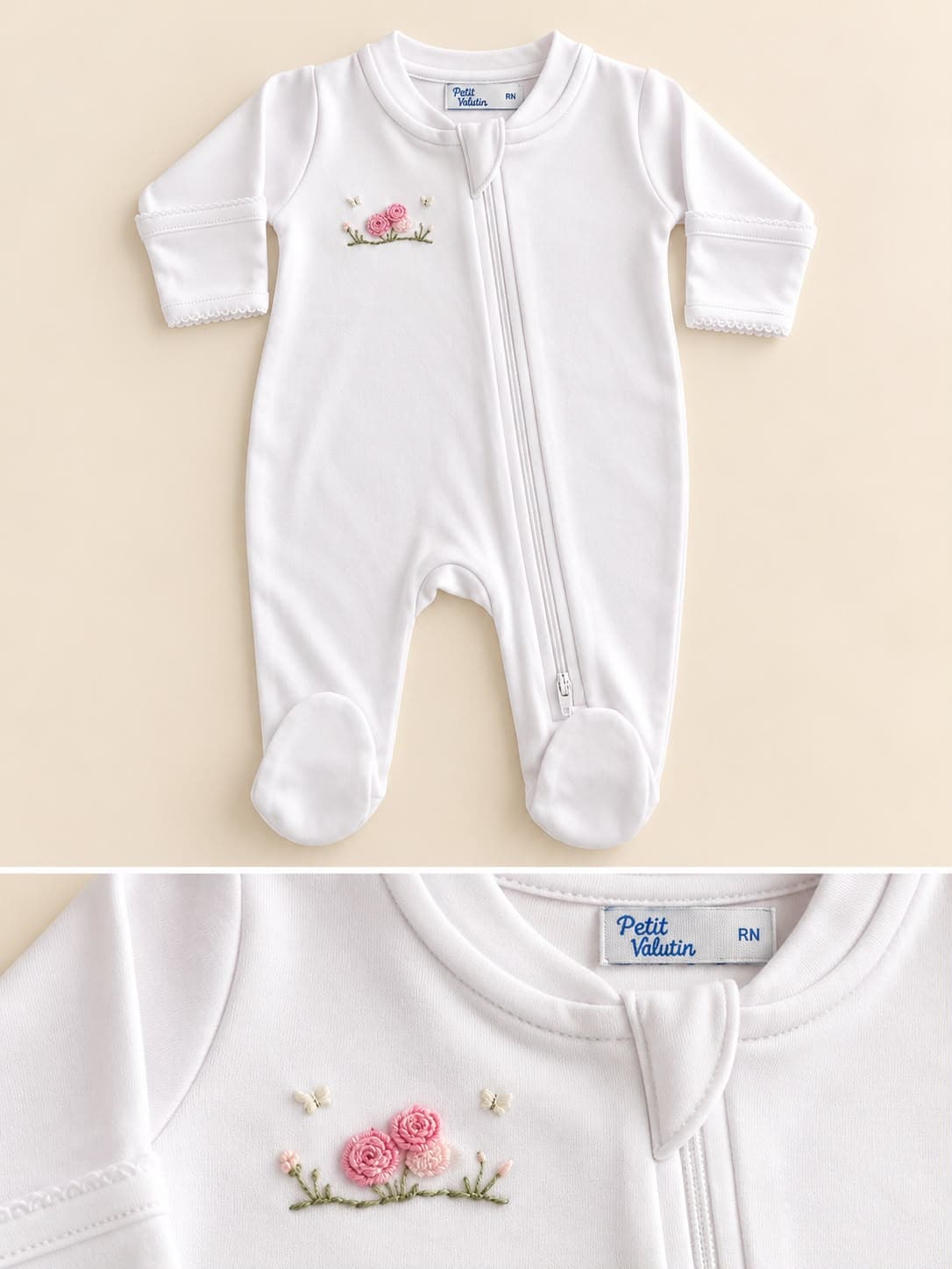 Macacão Bordado — Branco Floral — Frente e detalhe