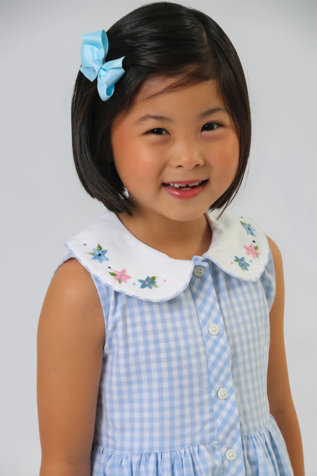 Vestido xadrez azul com flores bordadas na gola