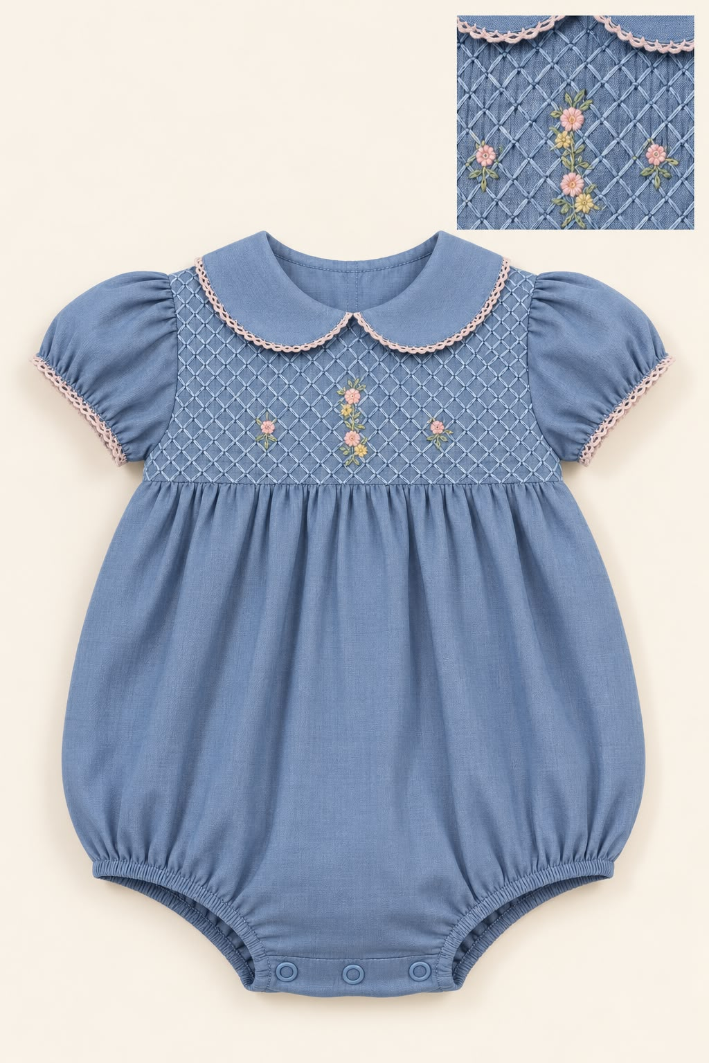 Bloomer Flor Azul — Bloomer Flor azul com bordado floral e detalhe do bordado