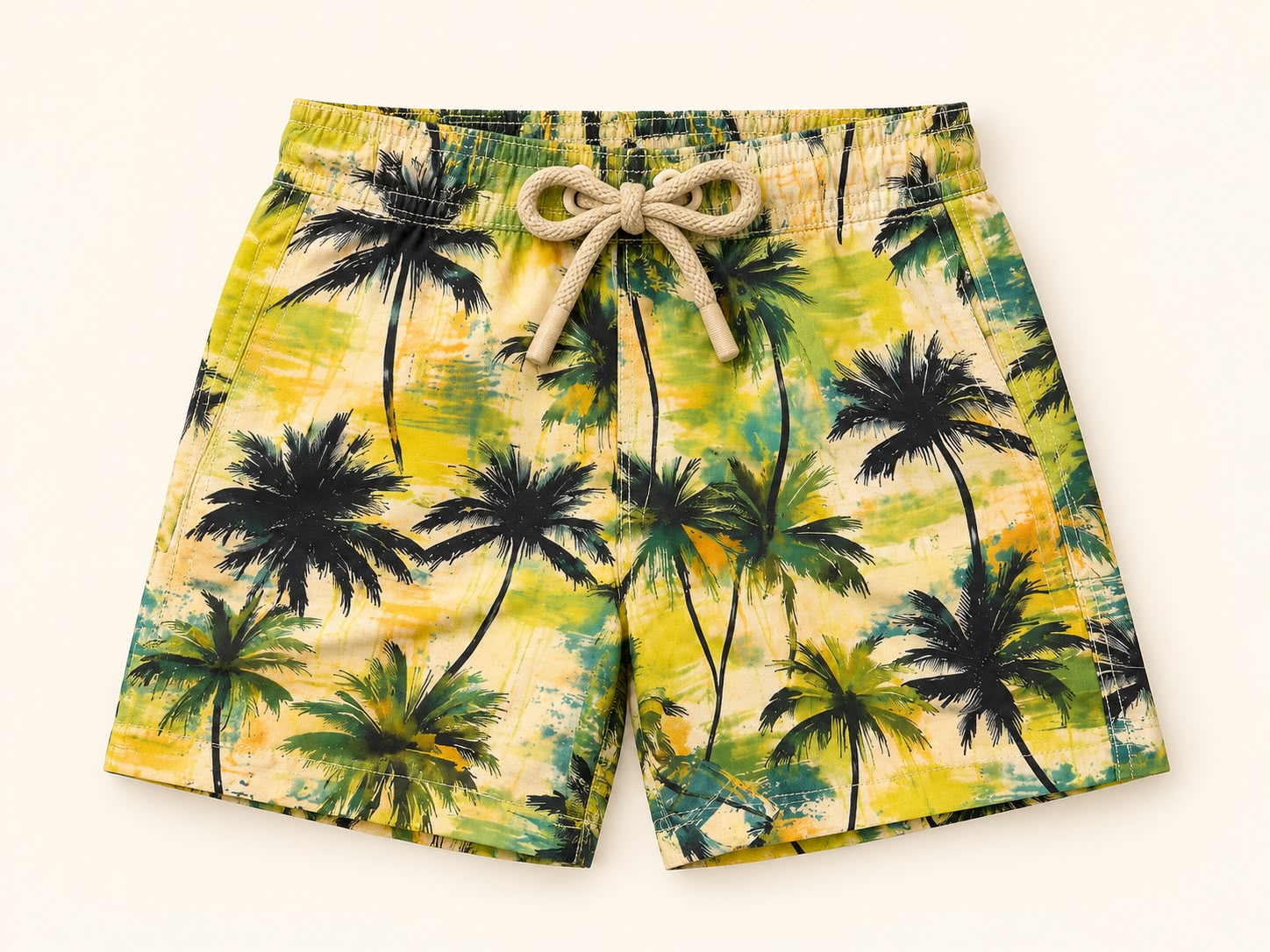 Shorts Tactel — Coqueiros — Shorts de tactel amarelo e verde com estampa de coqueiros