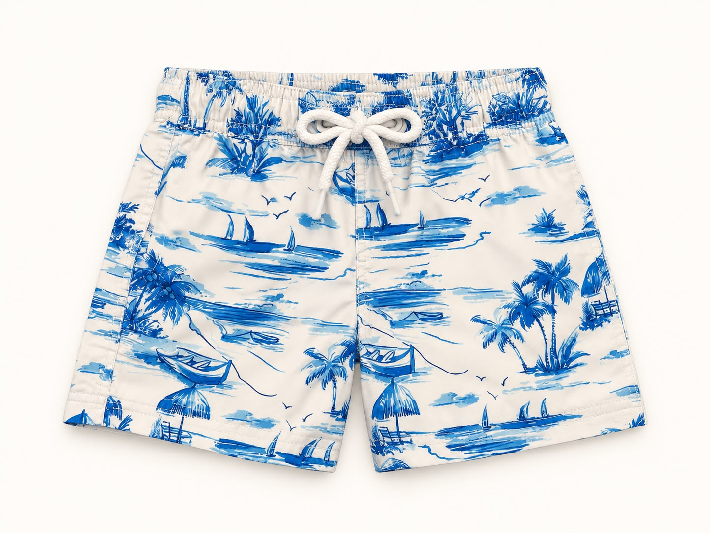 Shorts Tactel — Paisagem Azul — Shorts de tactel branco com estampa de paisagem litorânea azul